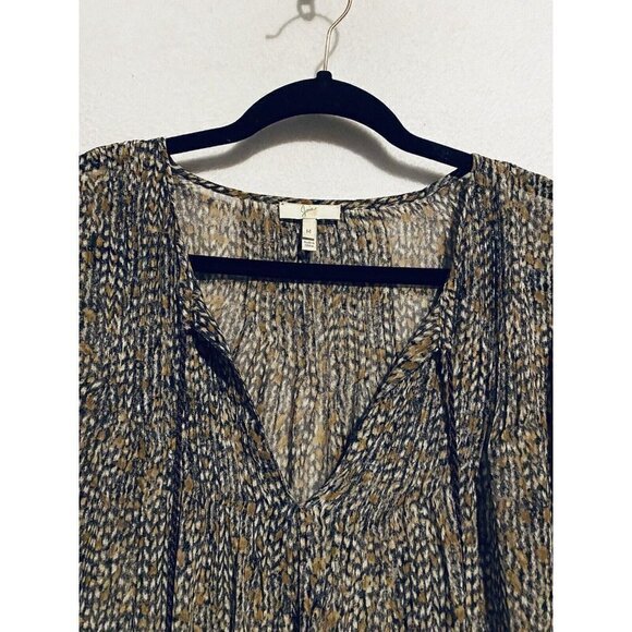 Joie Top Womens Medium Brown Print Sheer Silk Tassel Tie Peasant Flowy Boho - Picture 2 of 6